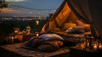 Generative AI, romantic camping with lantern lights, pillows, blanket. City view in the evening photo