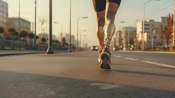 Generative AI, person with disability, prosthetic limb running and does not feel obstacles photo