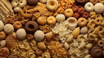 Generative AI, Variety of types, colors and shapes of Italian pasta, texture background photo