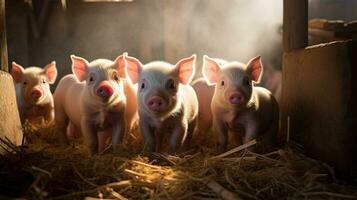 Generative AI, little pigs looking at the camera on a farm photo