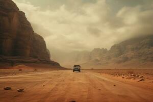 generativo ai, apagado la carretera coche conducción en un devanado montaña Desierto camino, rodeado por asombroso puntos de vista de el escabroso terreno foto