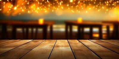 Generative AI, Tropical summer sunset beach bar background. Wooden table top product display showcase empty stage. photo