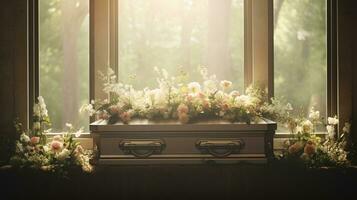 generativo ai, flores en un ataúd en el funeral o entierro servicios a cementerio, ataúd con flores foto