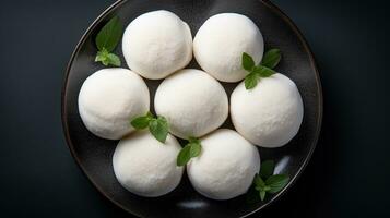 Generative AI, mochi on the dark table background, Traditional Japanese dessert, top view, flat lay photo