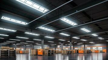 Generative AI, Warehouse interior with LED lighting, industry building, distribution retail center, part of storage and shipping system. photo