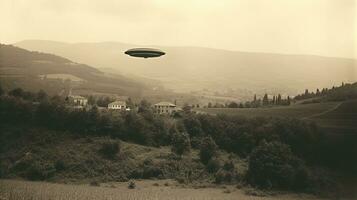 Generative AI, UFO over the Italian landscape vintage photo, aliens witnesses retro 1930s style photography photo