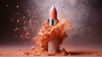 Generative AI, Apricot color lipstick, orange powder splashes and smoke with copy space. photo