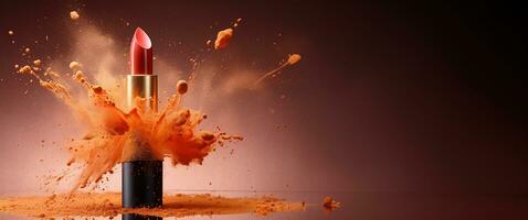 Generative AI, Apricot color lipstick, orange powder splashes and smoke with copy space. photo