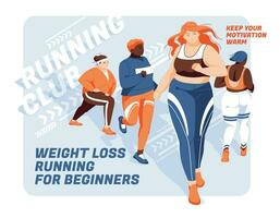 Banner for advertising running competitions or training. Group of overweight women running on an abstract background. Design for presentations, print, web advertising banners. vector