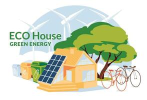 eco casa con solar paneles, bicicletas y clasificación basura verde energía concepto. web icono y infografía. reciclar y renovar energía hogar concepto. plano vector ilustracion