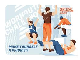 Banner for advertising the gym and training. A group of men of different races are engaged in fitness on an abstract background. Design for presentations, print, web advertising banners. vector