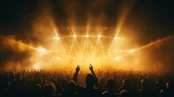 Generative AI, People crowd on music rock festival concert in stadium, big stage lit by spotlights. photo