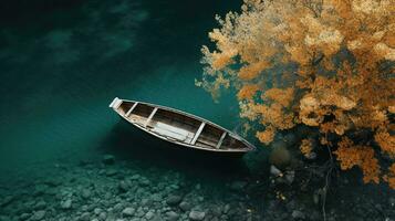 generativo ai, barco a el calma lago en otoño con sereno agua alrededor, otoño paisaje foto