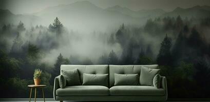 Generative AI, Interior design with couch, sofa and wallpaper of fir forest beautiful landscape in hipster vintage retro style, foggy mountains and trees. photo