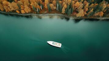 Generative AI, boat at the calm lake in autumn with serene water around, fall landscape photo