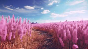 Generative AI, Pampa purple lavender color grass branch with sky. Abstract natural boho background of soft plants, Cortaderia selloana photo