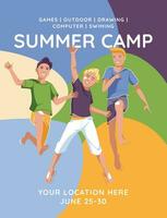 advertisement of a children's summer camp. Three boys jumping on the background of a color shapes. Vector flat illustration.