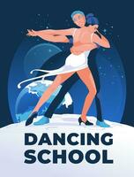 joven Pareja bailando un salón de baile danza juntos en contra el antecedentes de el Luna y noche espacio con planetas y estrellas. vector plano ilustración