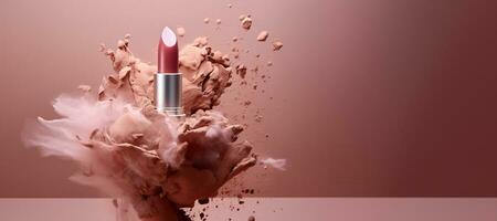 Generative AI, Nude beige color lipstick, beige and pink powder splashes and smoke with copy space. photo