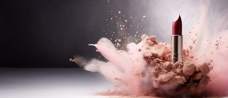 Generative AI, Nude beige color lipstick, beige and pink powder splashes and smoke with copy space. photo