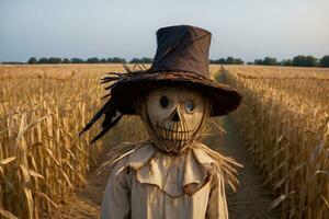 A Scarecrow Standing In A Field Of Corn. AI Generated photo