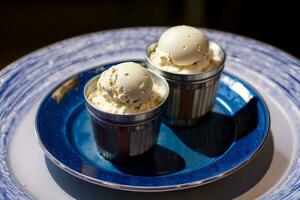 Two Cups Of Ice Cream On A Blue And White Plate. AI Generated photo