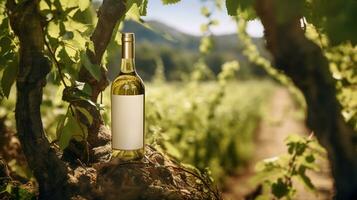 generativo ai, blanco vino botella burlarse de arriba en viñarad paisaje en el luz solar, capa pluvial espacio y sitio para logo foto