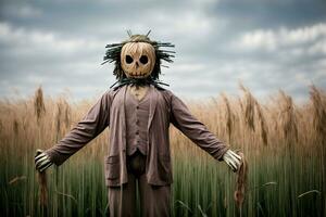 A Scarecrow Standing In A Field With His Hands On His Hips. AI Generated photo