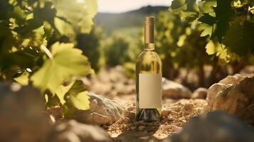 generativo ai, blanco vino botella burlarse de arriba en viñarad paisaje en el luz solar, capa pluvial espacio y sitio para logo foto