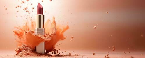 Generative AI, Apricot color lipstick, orange powder splashes and smoke with copy space. photo