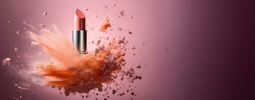 Generative AI, Apricot color lipstick, orange powder splashes and smoke with copy space. photo