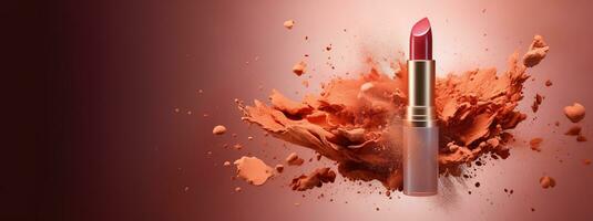 Generative AI, Apricot color lipstick, orange powder splashes and smoke with copy space. photo