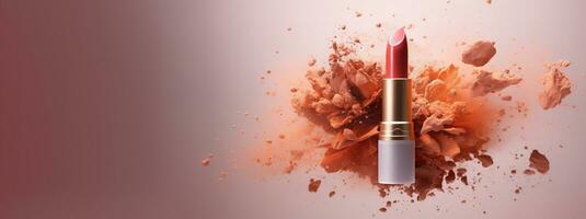 Generative AI, Apricot color lipstick, orange powder splashes and smoke with copy space. photo