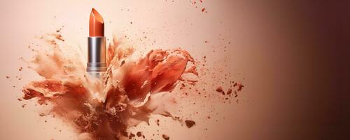 Generative AI, Apricot color lipstick, orange powder splashes and smoke with copy space. photo