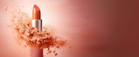 Generative AI, Apricot color lipstick, orange powder splashes and smoke with copy space. photo