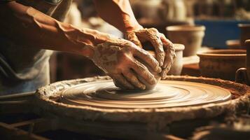 Generative AI, hands with clay making of a ceramic pot in the pottery studio, hobby and leisure concept photo