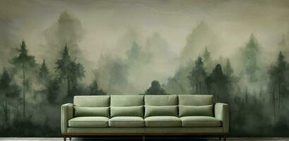 Generative AI, Interior design with couch, sofa and wallpaper of fir forest beautiful landscape in hipster vintage retro style, foggy mountains and trees. photo