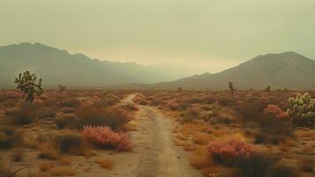 Generative AI, lonely road in the desert, aesthetic, muted neutral colors, cacti plants photo