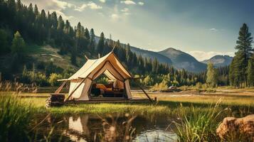 Generative AI, Camping outdoor concept near the lake or river, tourist camp on the beautiful green landscape with mountains photo