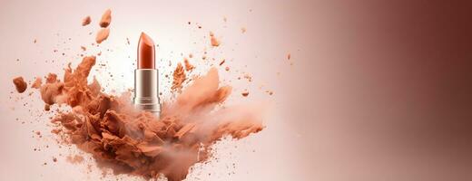 Generative AI, Apricot color lipstick, orange powder splashes and smoke with copy space. photo