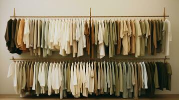 Generative AI, Cloth store aesthetic background, photo of clothes hanging on hangers, muted neutral colors