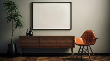 Generative AI, Poster frame mockup in beige and brown living room interior, wabi sabi minimalism style photo