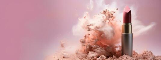 Generative AI, Nude beige color lipstick, beige and pink powder splashes and smoke with copy space. photo