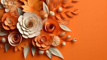 Generative AI, Paper cut craft flowers and leaves, apricot crush orange color, origami textured background, spring mood. Floral frame layout.. photo