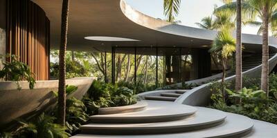 Generative AI, modern luxury house with lush tropical garden. Villa, hotel resort, architectural photography in the style of futuristic curves photo