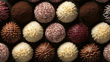 Generative AI, Chocolate candy balls, close up traditional Brazilian brigadeiro photo