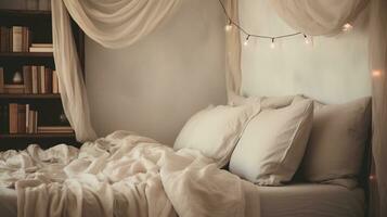 Generative AI, Relaxing bedroom detail of bed with natural linen textured bedding, muted neutral aesthetic colors photo