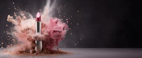 Generative AI, Nude beige color lipstick, beige and pink powder splashes and smoke with copy space. photo