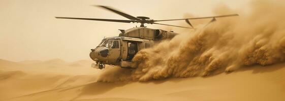 Generative AI, military helicopter takes off in thick dust clouds. photo
