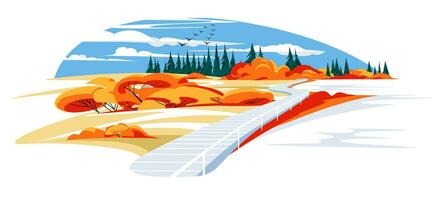 a pier like a road on a quiet mountain lake. Horizon, autumn and coniferous trees. Tourism and recreation vacation concept, vector flat illustration